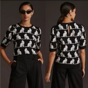 Anthropologie Maeve Harmon Black & White Cat Pattern Short-Sleeve Crew Sweater